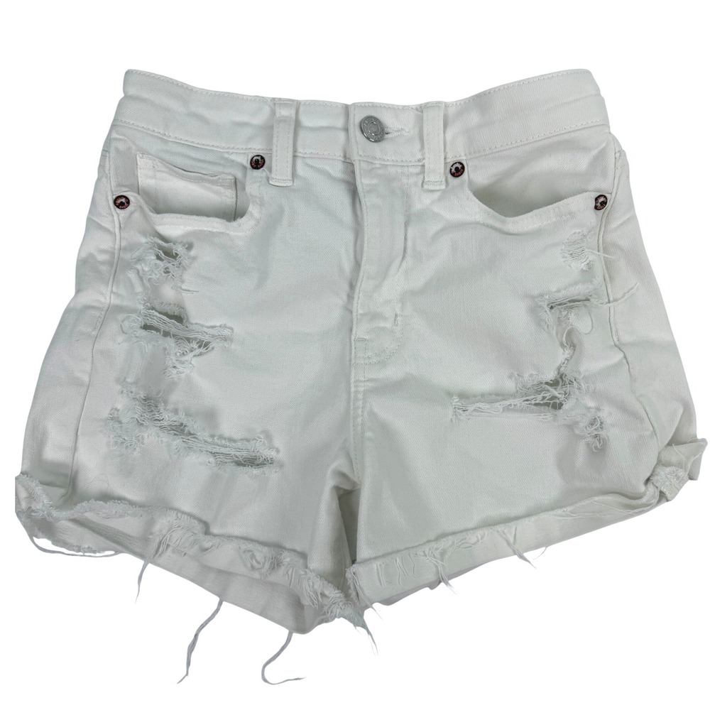 American Eagle White Distressed Denim Shorts High Rise Stretch Frayed Size 4